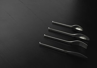 Oki Cutlery by KiBiSi. Designed in 2007 to combine the idea of a chopstick rest ("hashi oki") with Scandinavian cutlery design so the ends of the forks, spoons, and knives never touch the tabletop. In prototyping phase.<br><br>Photo courtesy of KiBiSi
