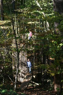Although the tree house blends into the wooded area on the Stubbs' property, it's less than 100 feet from the house and Laurie can watch the girls (in this image, Emily is on the top platform and Abigail is in the lower-level entry) at play from her home office.Photograph courtesy of Laurie Stubb.