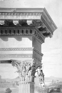 This drawing taken from Roman Forum by David Watkin is by Henry Parke (c. 1810) and shows a student of architecture climbing up to the top of the Temple of Castor and Pollux, measuring rod in hand. The drawing shows an idealized temple, not the ruin that Parke would actually have seen.