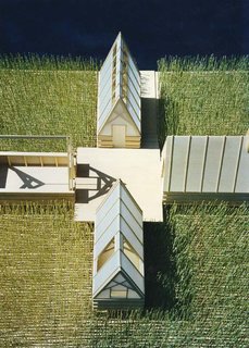 Though the Swamp Hut has only seen two New England winters so far, its plans have seen over 20. The project started two decades as the design for a retreat for Moskow's father-in-law, who lived in the Midwest and always dreamed of a small structure floating over the fields. It was never realized over amber waves of grain but has been in and out of the architect's drawing drawers in the years between its inception and realization--as an Architecture for Humanity competition entry, disaster housing proposal, eco-resort lodging plan, and as an all too appropriate submission to the Boston Society of Architects Unbuilt Architecture Awards.