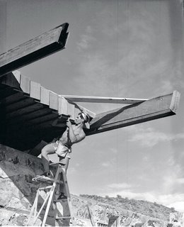 Alfie Bush was one of the many young apprentices who helped build "the Camp," as Taliesin West was then called. Here he’s shown working on the dining hall.
