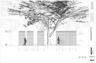 The front of the pavilion (to the right in the elevation) features three modulars positioned next to one another that house the storage space and sink area behind a polycarbonate wall that faces the public side of the site. The pavilion opens up in the back (to the left) for gatherings, seminars, and potting. Photo by Frank Doering.