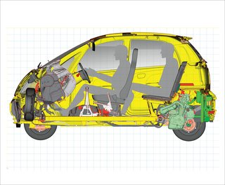 Tato Nano schematic diagram of its internal machinery. On display February 18 through April 25, 2010, at the Cooper-Hewitt, National Design Museum, as part of the Quicktake exhibit. Photo courtesy Tata Motors.