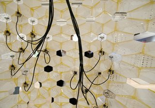 On display by Future Cities Lab founding design partners Nataly Gattegno and Jason Kelly Johnson is XEROMAX. The human-harvesting-like cables a la The Matrix are part of a prototype wall for desert living that clibrates, tunes, records, and responds to energy cycles and interactions over time. Photo courtesy Diana Pau.
