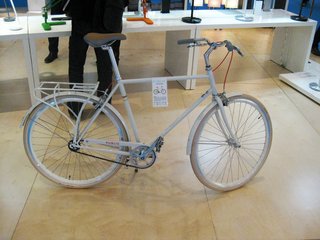 Back on the floor of the ICFF, PUBLIC bikes made cameos in a select number of booths. Here's a white Public D with a rear bicycle rack. The frame is a classic "double diamond."