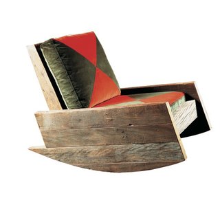 As with all his pieces, Carlos Motta crafts the Asturias line, which includes an armchair, sofa and rocking chair, out of reclaimed and demolition wood. Designed in 2001, the chair is meant for both indoor and outdoor use.