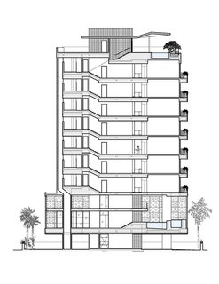 A Modern Aesthetic in Mumbai - Photo 17 of 17 - The side elevation of the building shows the seven 2,500-square-foot apartments, including the owner's two-level penthouse apartment, stacked above the common area downstairs. Image courtesy Khanna Schultz.