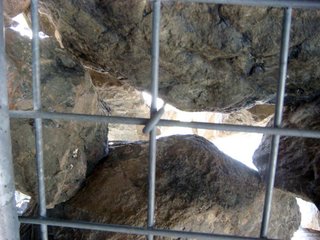 A close-up view of the wire cages, which are called gabions.