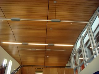 Capped by an acoustic ceiling, the lobby within the apartment building is one of Project Architect Daniel Simons' favorite spaces in the entire development.