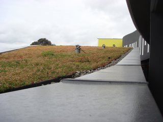 In addition to the rooftop garden, a traditional green roof caps the apartment building.