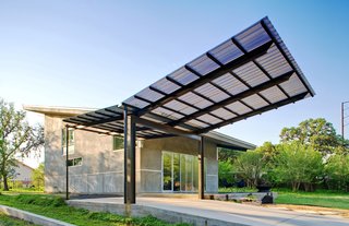 After the home was completed, Wong asked for the carport addition. "I handed Jay two books: one on Alexander Calder’s mobiles, and one on insects," says Wong. The result was a soaring, winglike steel, aluminum and Galvalume structure fabricated by the architects that gives additional protection from the sun, provides a smoother transition from exterior to interior, and allows clients and other visitors a covered space under which to park.
