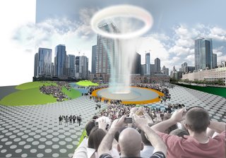 Here's Wilson's honorable mention-winning proposal for Chicago's Spire Site, which he envisioned as an "urban Old Faithful" or "unnatural wonder," lofting rings of steam into the air every fifteen minutes.