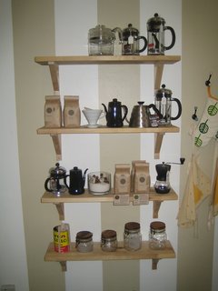 These four shelves have Wageman's range of coffee wares, including beans by local roaster Sight Glass. Dwell creative director Kyle Blue did Sight Glass' logo and identity.