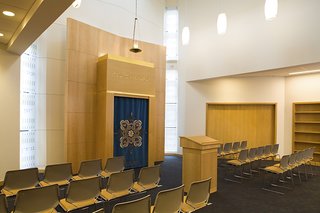 The main interior space serves as an education center and is where worship services are held.