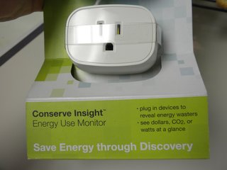 A detail of the energy-use monitor in its packaging before we opened it up and ran through the house plugging in our electronics.