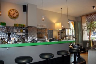 Here's view of the bright green countertop at Canteen.
