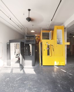 Many of The Miner and A Major’s doors and windows face south, towards the loft’s existing industrial windows. This allows sunlight to reach inside the sleeping quarters. A wedge-shaped gap also helps bring air, light and views into the deepest recesses of the sculptural construct.