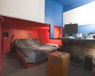 Low-ceilned and darker than the other quarters, it’s not a surprise that the designers call Narek Gevorgian’s room "the cave." A work in progress, it’s their first attempt to slowly introduce color to the double-insulated interior walls.