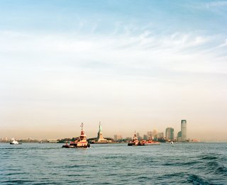The Statue of Liberty in the distance.