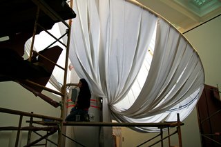 Brooklyn Museum's reOrder - Photo 5 of 12 - "It’s kind of a high-tech fabric," Lukyanov says of the material that ultimately establishes the columns’ exaggerated silhouette. The durable acrylic-based fabric, donated by Sunbrella, is stain, UV, mold and moisture resistant.