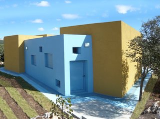 Architect Guy Zucker says that he wanted the color palette of the three "rocks" to feel like earth or sand. Their stucco is grainy, rather than smooth, and a radicalized sand color.<br><br>Photo courtesy <br><br>Z-A Studio.