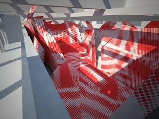 A rendering of the exhibition showing the graphic pattern on the surfaces of the structure. The pattern is derived from a WWII military technique that used bold graphic and anamorphic surfaces to mislead enemy bombers about the size, speed and direction of a warship.