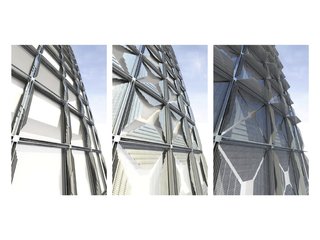 HelioTrace Robotic Facade - Photo 4 of 4 - Three stages of shade deployment, from fully open to nearly closed. © SOM.