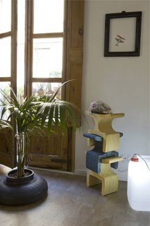 An old tire finds new life as a planter, while the Enzo Stool by Ryan Frank serves as a telephone stand. The lamp at right was crafted using a discarded plastic container. "We like objects made from few and easily identifiable materials, to ensure that they can either be industrially recycled or returned to the earth at the end of their lives," says Scholtus.
