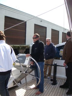 Here's Mike Horn at the helm, steering the 115-foot-long boat out of Pier 40, where it was docked. He's circumnavigated the globe five times and his crew of two others arrived in San Francisco from Japan, a harrowing journey as they were caught in the tsunami.