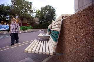 An example of the newly installed benches outside the Tower building.
