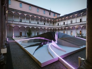 A view of the installation from under the arcade of the State University in Milan.