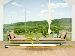 The ideal setup for a long wall of windows: a chaise shape with headrest.