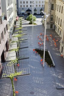 An aerial view of the plaza, which borders the old Mint building. Warm gray terrazzo-style concrete pavers provide a neutral backdrop for plaza activity. A statuesque native oak tree anchors the plaza’s eastern entrance.