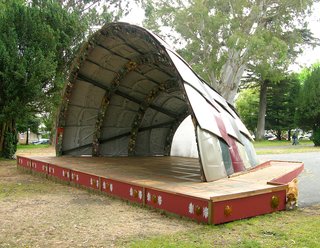 An interior view of the bandshell in situ, parked in front of Golden Gate Park, on the Panhandle.