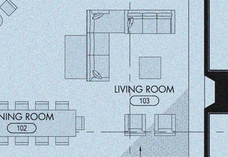 Building the Maxon House: Week 16 - Photo 3 of 10 - A schematic of the proposed living space showcases the dining room table extending into the open floor plan of the living room.