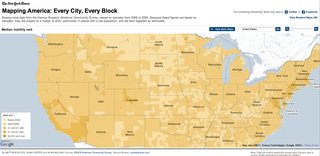 This screenshot of Mapping America shows median monthly rent throughout the country. You can zoom in to street level to see how it changes census tract to census tract.