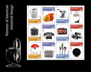 A selection of stamps commemorating the Pioneers of American Industrial Design.