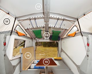 While the front, kitchen-end of the camper is all action, the back half is about rest and relaxation. The benches hide storage space beneath and, at night, become the sleeping area (14). The multiheight table (15) serves as an eating spot when in its highest position and as extra sleeping space when lowered and covered with a cushion. The table and its post can also be completly removed for additional legroom. The mesh-lined windows in the tent enclosure (11) bring in light and encourage ventilation. The LED reading lights (13) can be set to white or red (the latter keeps your eyes from dilating so you can run outside at a moment's notice and catch a glimpse of a shooting star without waiting for your eyes to adjust). The laser-cut aluminum frame (12) features circular openings that make hanging sleeping bags, pillows, blankets, and luggage as easy as stretching and hooking elastic cords into place.