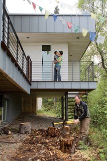 The standing-seam metal siding was rolled on site in an effort to reduce waste. It was prefinished with Kynar paint in the color Preweathered Galvalume.