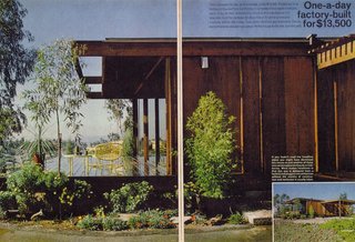 This old brochure for the Concept Houses describes their factory construction, cost of transportation (70 cents per mile per module), and argues in favor of doing away with all that messy site construction of stick-built houses.
