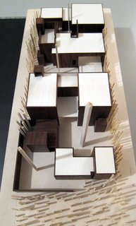 Dwell Home Venice: Part 2 - Photo 2 of 7 - A wooden model of the house looking from the street front towards the rear alley. The house steps around major trees and offers numerous courtyards and rooftop gardens.
