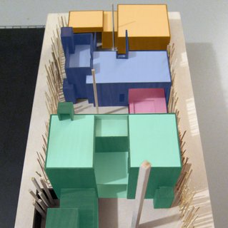 Dwell Home Venice: Part 2 - Photo 6 of 7 - The City would not accept a design where the front part of the house, shown in green, is physically disconnected from a back part of the house, shown in blue. It was acceptable for the garage and recreation room, shown in yellow, to be detached from the blue structure. We argued that the raised swimming pool deck, marked in red, which is physically attached to the green and blue structures, should constitute a sufficient "connection" between the front and back parts of the house. This City did not agree. So as much as we like our internal courtyard, we need to make a stronger physical connection between the green and blue structures if we are to receive our building permit.