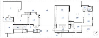 The first floor plan: 1. Garage, 2. Utility, 3. Laundry, 4. Recreation room, 5. Bedroom courtyard, 6. Bathroom courtyard, 7. Master bathroom, 8. Wardrobe, 9. Toilet, 10. Master bedroom, 11. Outdoor fireplace, 12. Main courtyard, 13. Covered pavilion, 14, BBQ area, 15. Living room, 16. Dining room, 17. Kitchen, 18. Home office, 19. Pine Needle Courtyard, 20. Oak Tree Courtyard, 21. Covered entry, 22. Vestibule, 23. Powder room.