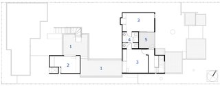 The second floor plan: 1. Rooftop garden, 2. Media room, 3. Guest bedroom, 4. Bathroom, 5. Deck.