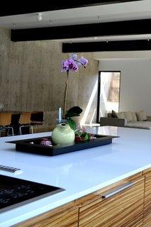 A closer look at the zebrawood cabinetry at the kitchen island, with the concrete retaining wall visible to the left, with the dining and living area beyond. Photo by J.C. Schmeil.