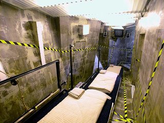 This long, narrow room is modeled after, what else? A mineshaft. Each bed is on a terrace and the walls are tilted for that homey, claustrophobic feeling.