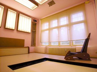 This minimal space conveniently doubles as a photographer’s studio with in suite backdrops and lighting boxes. Obviously, the bed is located under the floor beneath a garage gate.