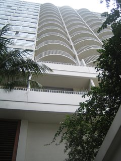 It was tough to get a decent shot of the white, thoroughly modern facade of the Modern Honolulu, but this back-bending perspective shows how the clean geometry of the building plays off the lush foliage. I took this photo from the entry of the hotel.