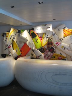 The reception desk in the lobby has this rather charming broken surfboard sculpture just behind it. The neon yellows and busted edges of the boards—some of which are signed by the pro surfers responsible for their destruction—play nicely off the cool, neutral interior.