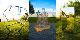 Surveying Frieze New York - Photo 9 of 10 - Frieze sculpture garden featuring (L-R) Pollux by Tomas Saraceno, figurative sculpture by Jaume Plensa, and Jeppe Hein’s "Geometric Mirror I."